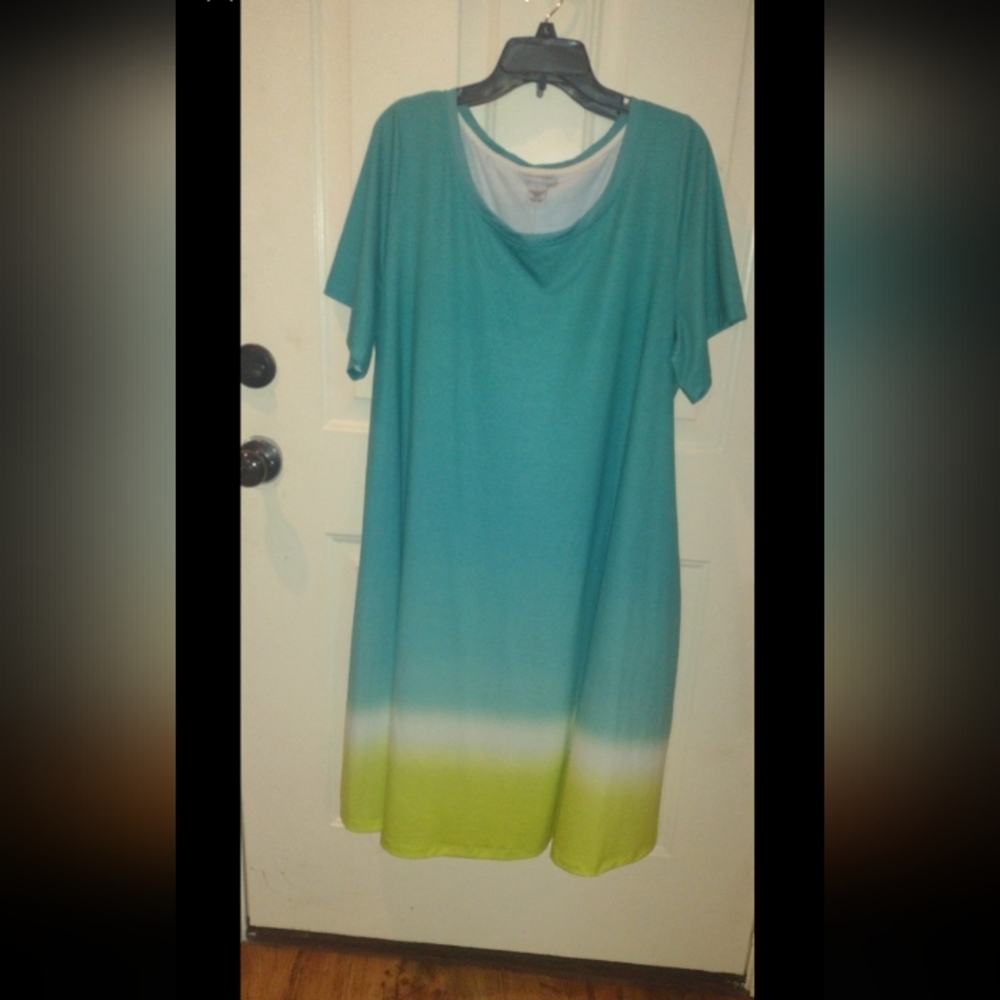 Catherines Dress Womens 1X Blue Green Teal Ombre Maxi Shirt Shift Scoop Neck